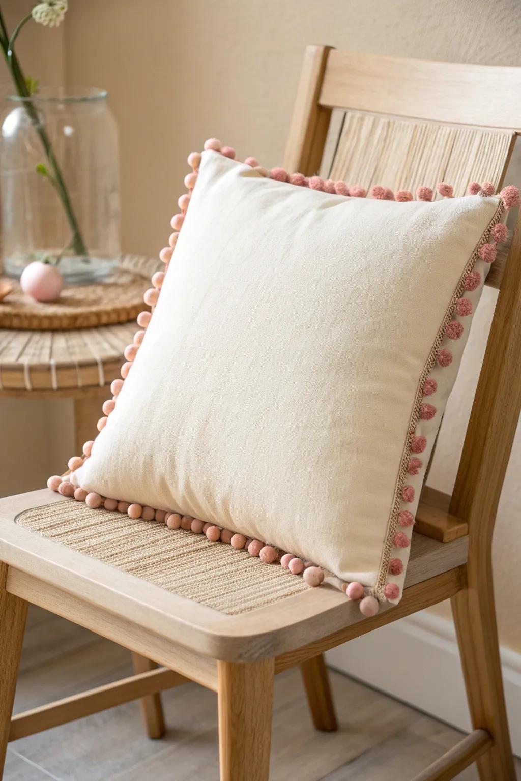 Add a playful touch to your living space with pom-pom trimmed pillows—where simplicity meets charm.