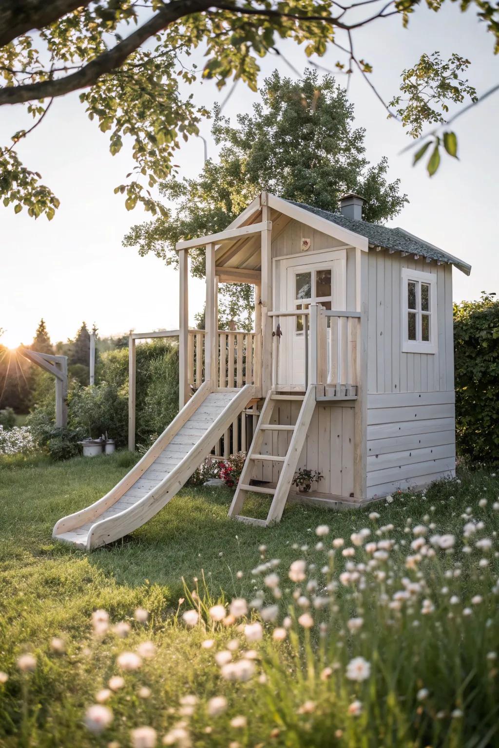 Slide into joy with this beautifully crafted Scandinavian-style playhouse slide, a perfect blend of fun and elegance.