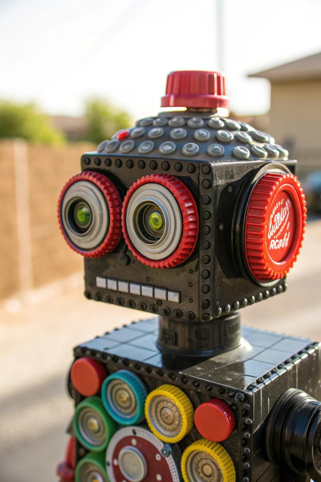 Bring your robot to life with bottle cap eyes, adding charm and personality through recycled creativity.