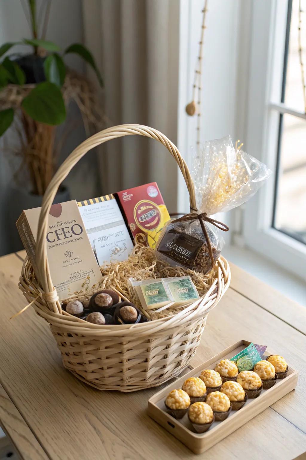 Unwrap the joy of gourmet treats and surprises with this elegant gift basket, perfect for those who love a sweet thrill!
