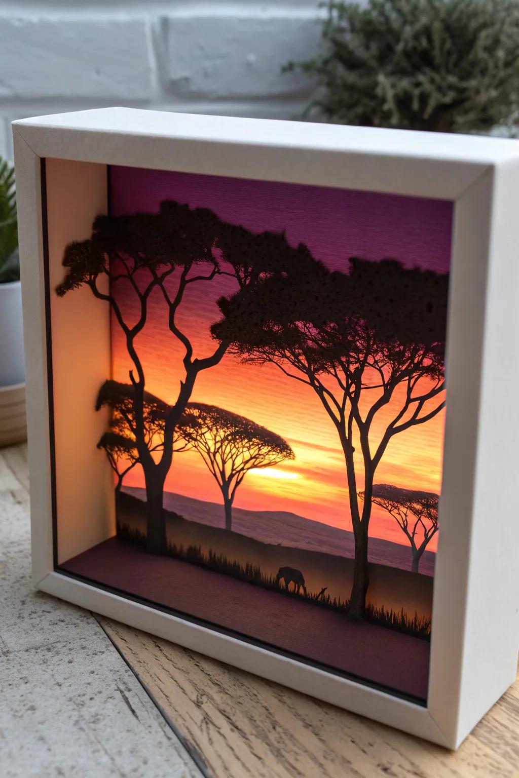 Capture the enchanting beauty of an African sunset with a handcrafted diorama that brings simplicity and natural elegance to your space.