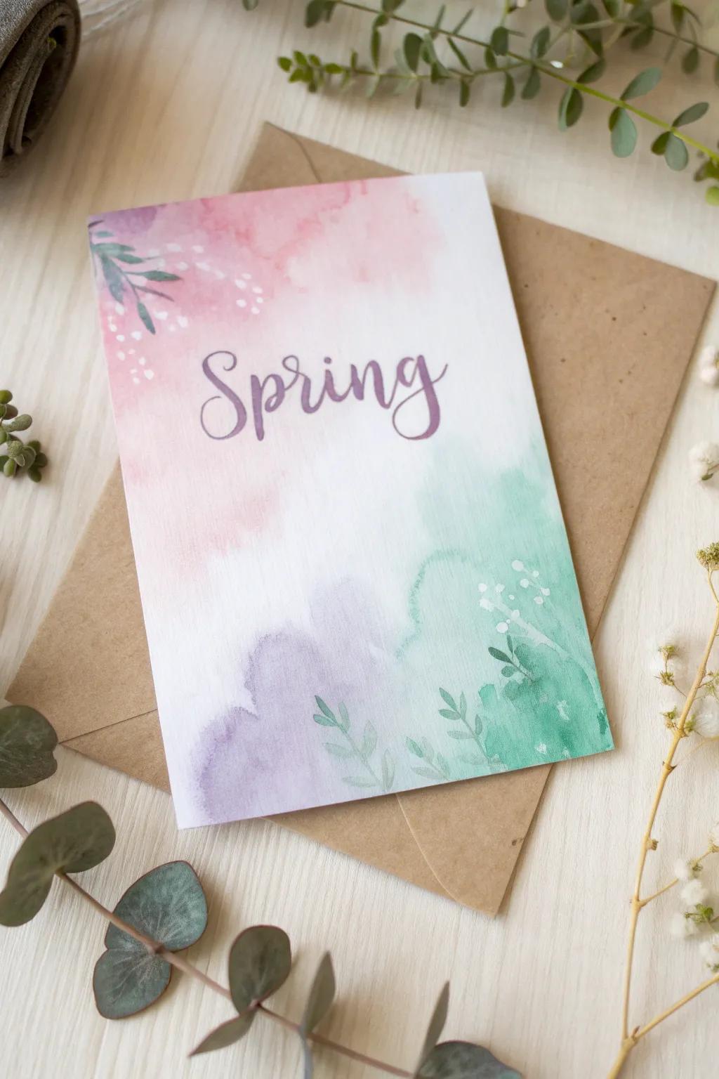 Embrace the beauty of simplicity with this watercolor wonderland card, perfect for adding a touch of artistry to your spring greetings.
