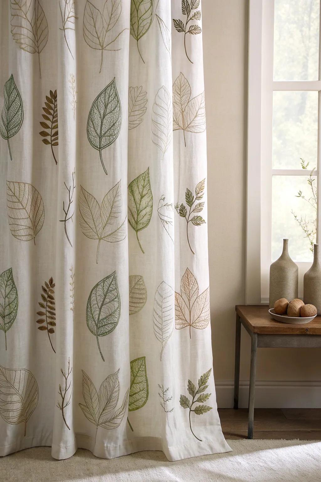 Transform your space with the serene beauty of leaf-stamped curtains, where nature meets art.