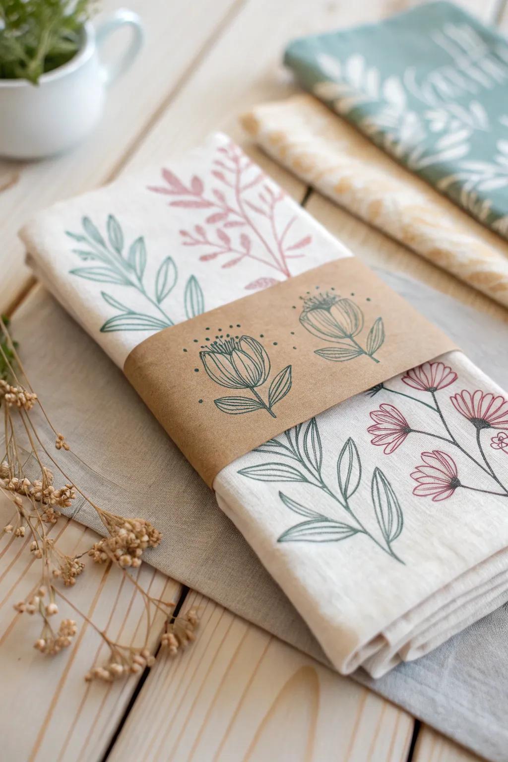 Elevate your kitchen style with eco-friendly elegance: handcrafted tea towel packaging that speaks to your love for nature and artistry.