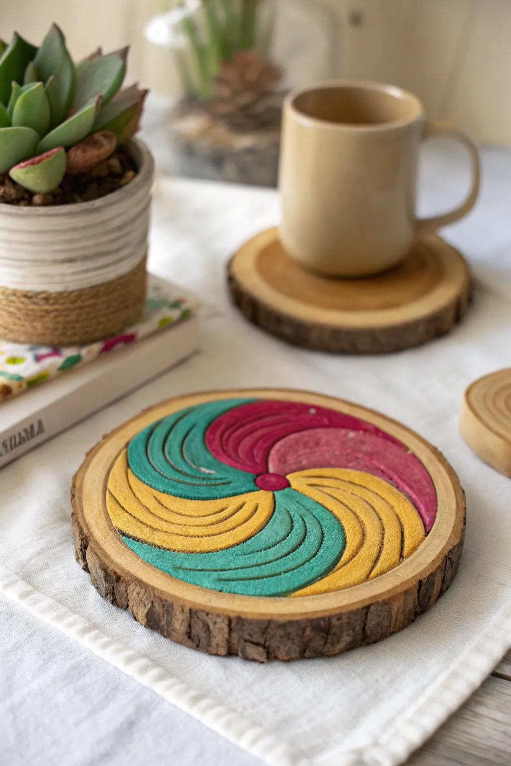 Add a splash of color to your table with handcrafted Unicorn Spit wooden coasters.