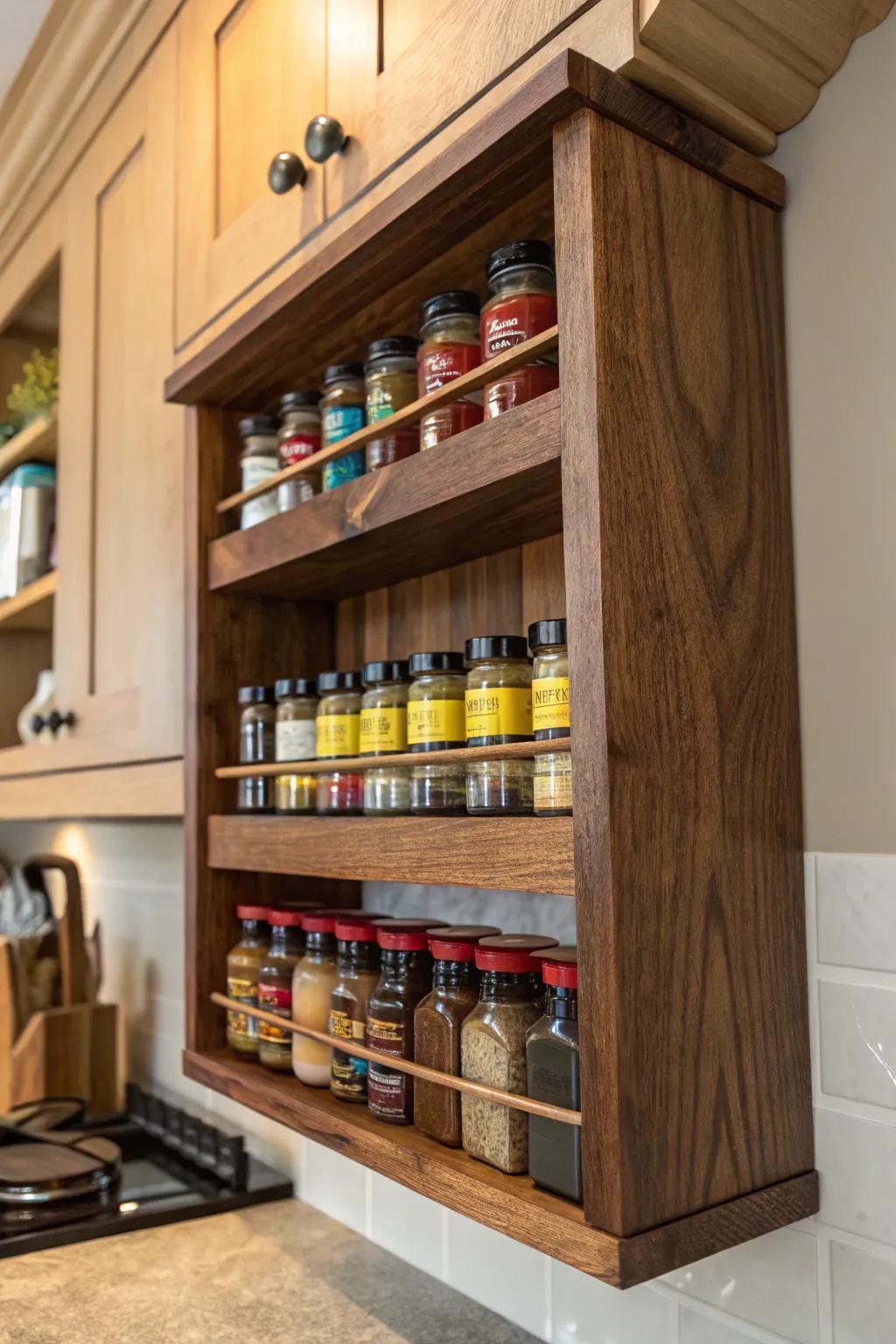 Elevate your kitchen decor with a handcrafted wooden spice rack that turns everyday ingredients into a vibrant display.