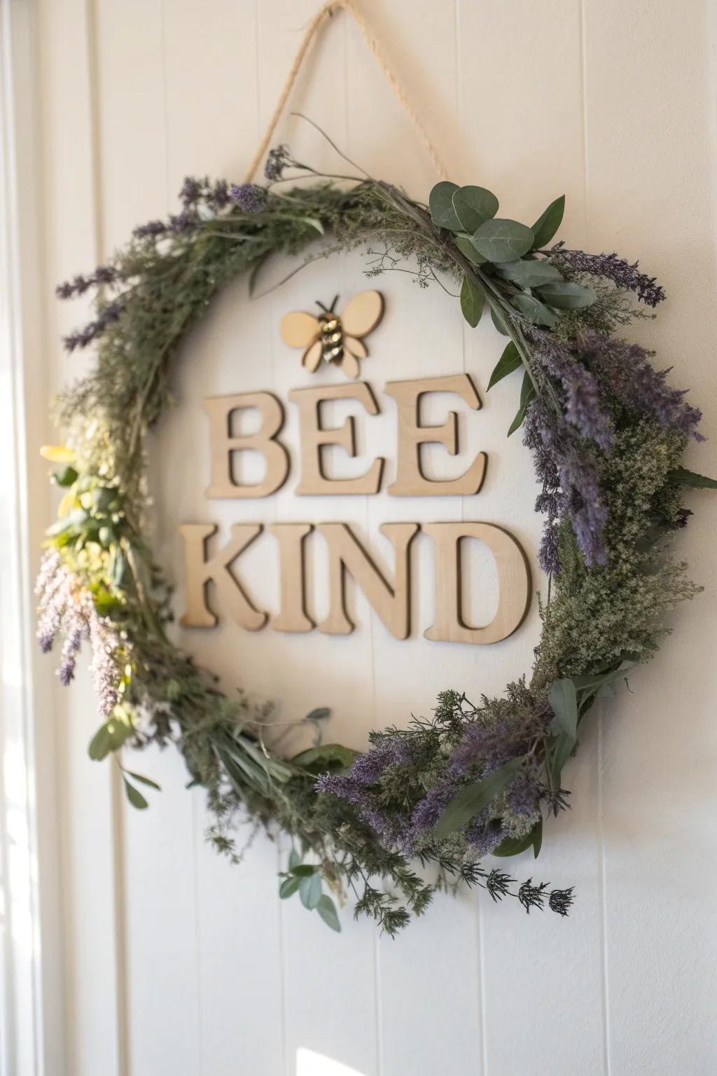 Spread kindness with a touch of nature – a 'Bee Kind' wreath that beautifully combines minimalism and warmth.