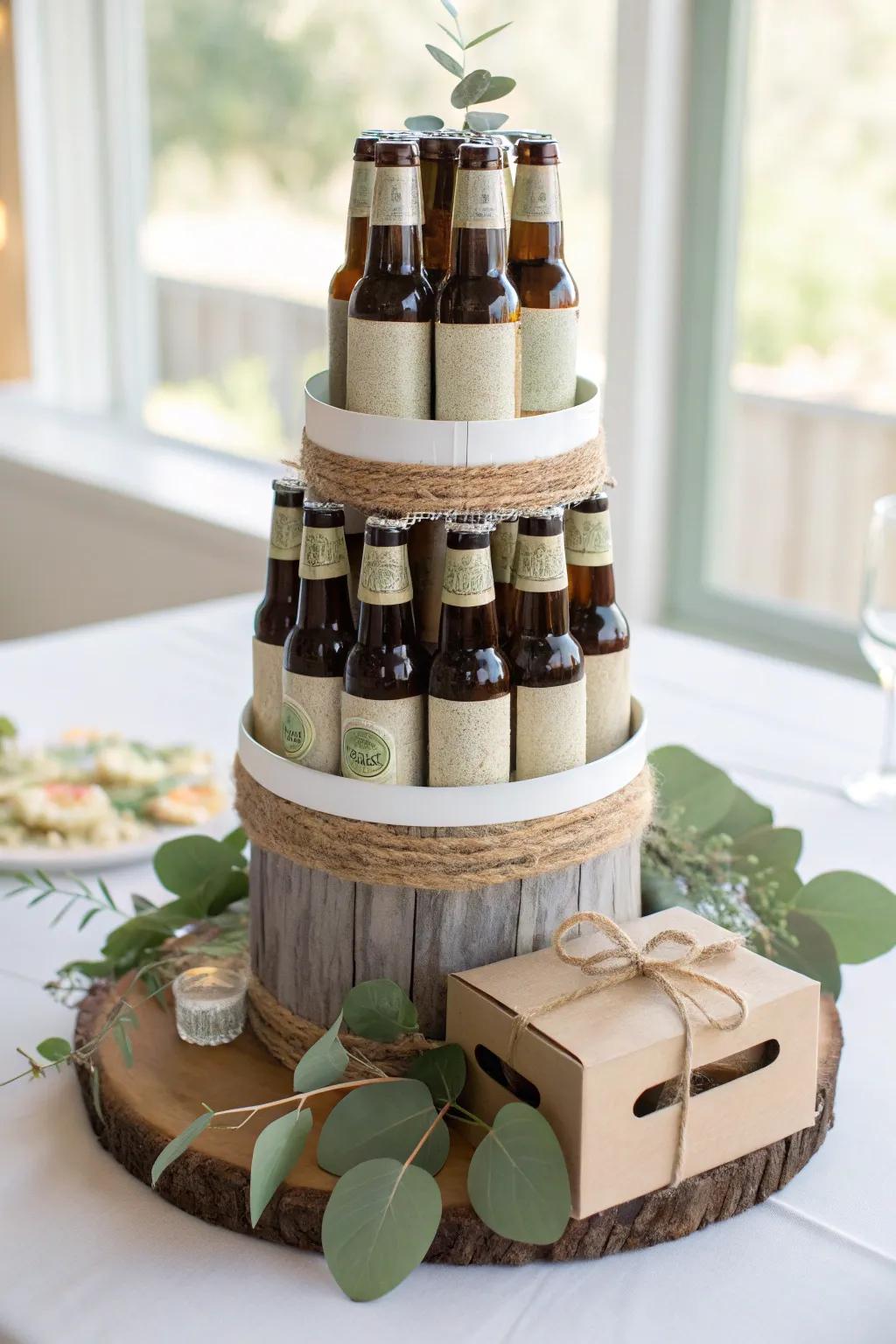 Surprise and delight with a minimalist beer cake tower, where elegance meets a hidden twist!