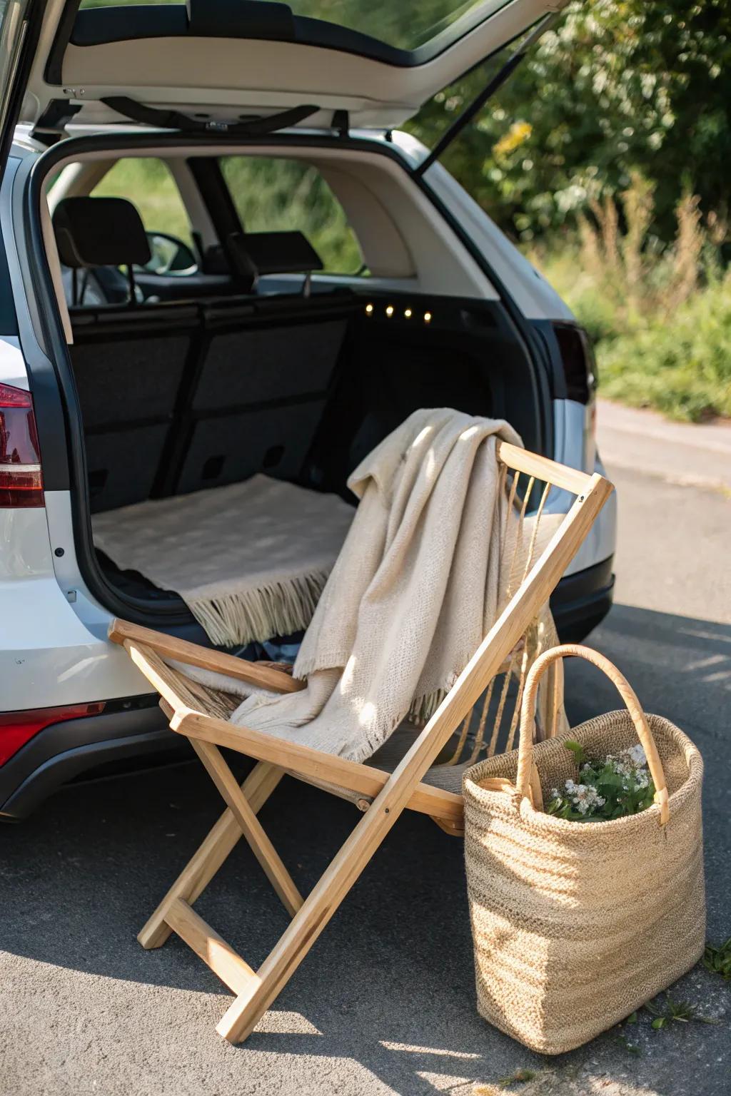 Ready for adventure: Embrace spontaneity with chic folding chairs in your car trunk.