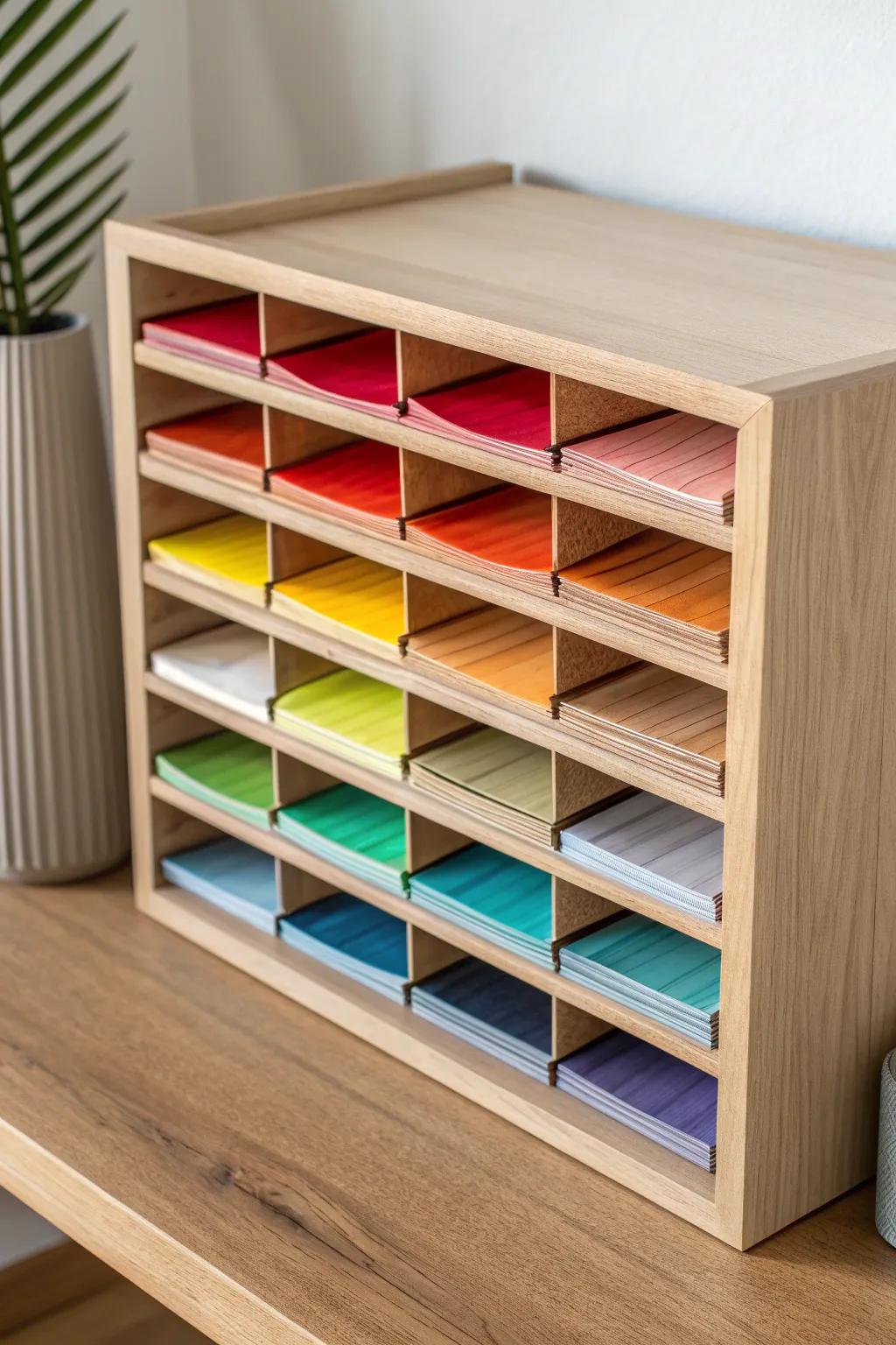 Organize your creativity with color-coded cubbies that blend simplicity and style. 🌈✨ #ScandiBoho #ArtStorage