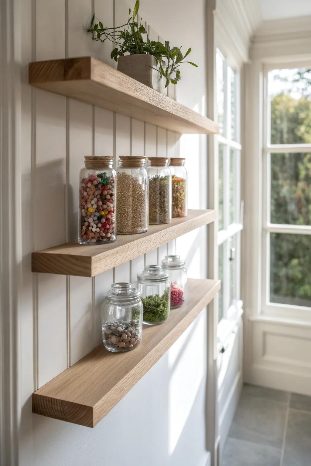 Elevate your bead storage with minimalist charm—discover the beauty of wall-mounted shelves.