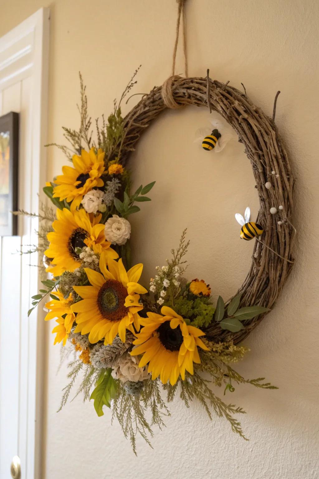 Brighten your space with a touch of nature's charm: a sunflower and bee wreath that radiates joy and elegance.