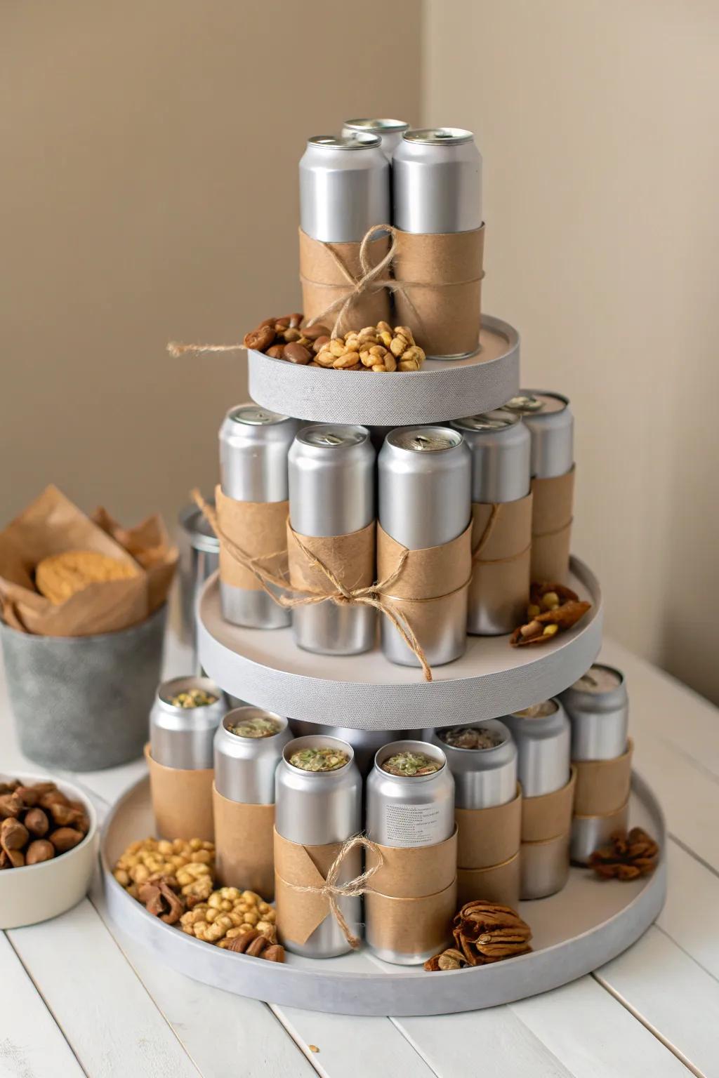 Elevate your party with a Snack-Packed Beer Tower—where minimalism meets deliciousness!