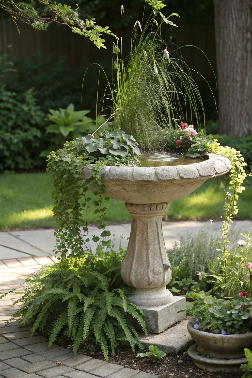 Layered Beauty: Transform your garden into a serene oasis with this elegant bird bath planter.
