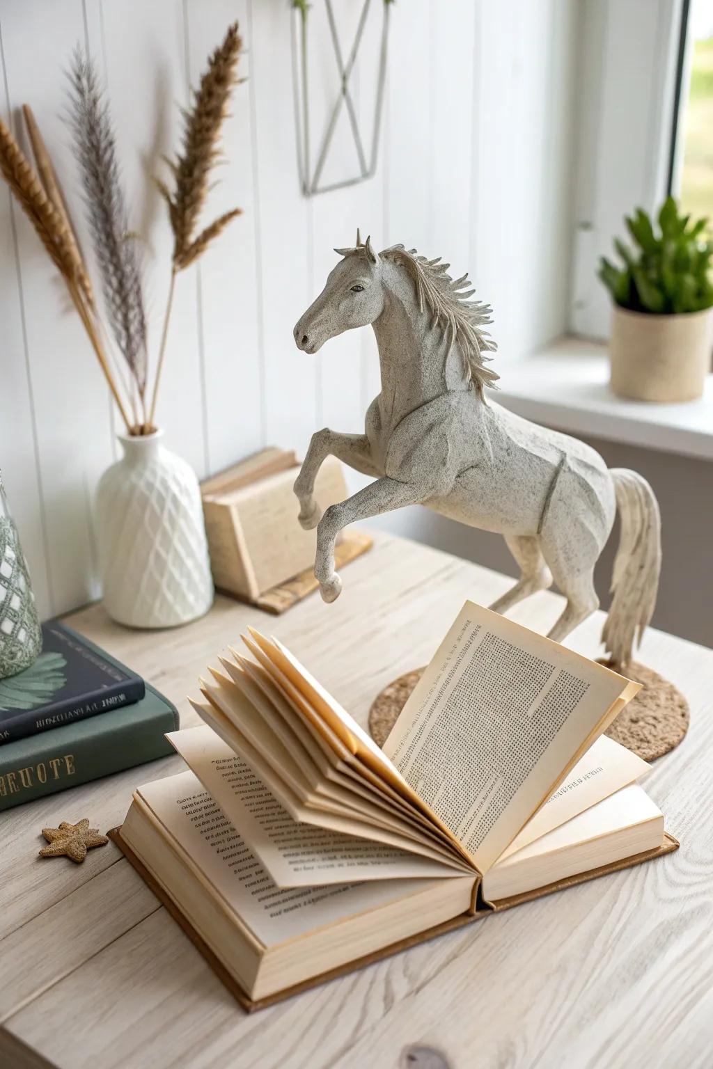 Bring stories to life with a stunning horse book sculpture that adds a touch of elegance to any space.