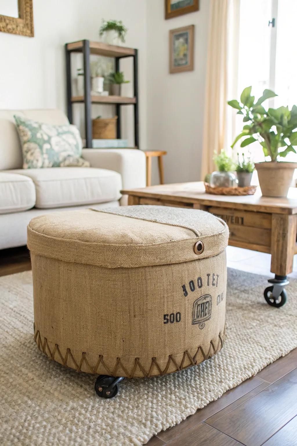 Transform your space with the rustic elegance of a burlap ottoman. Perfect for a minimalist vibe with a boho twist!