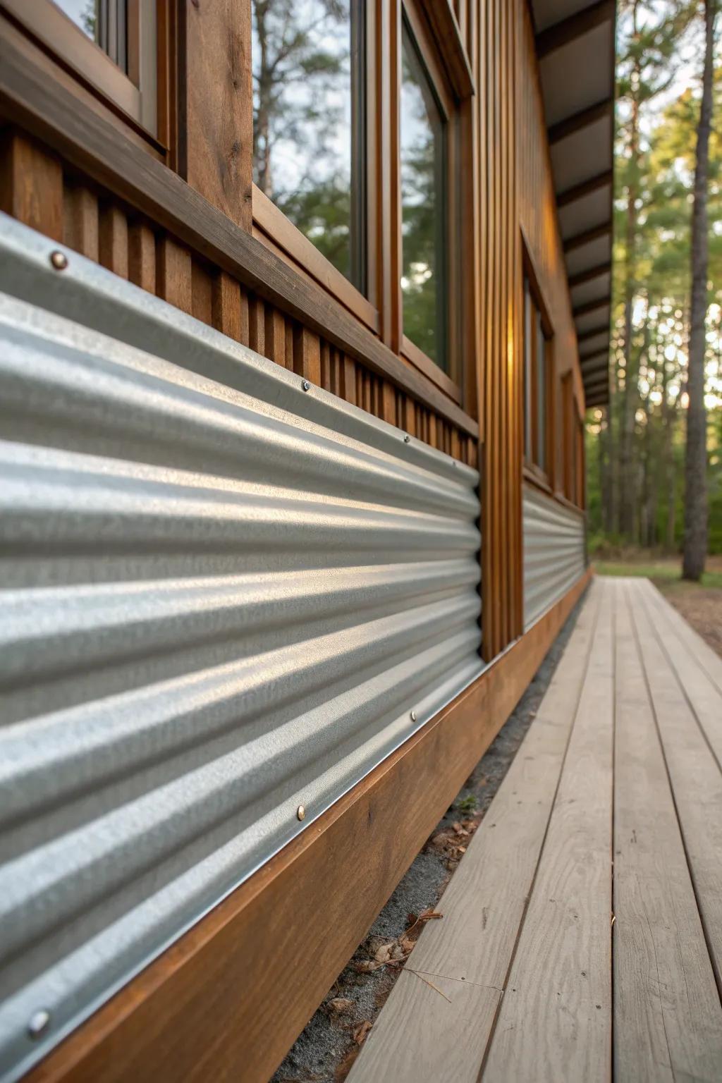 Elevate your cabin's style with the sleek allure of corrugated metal skirting paired with rustic wooden accents.