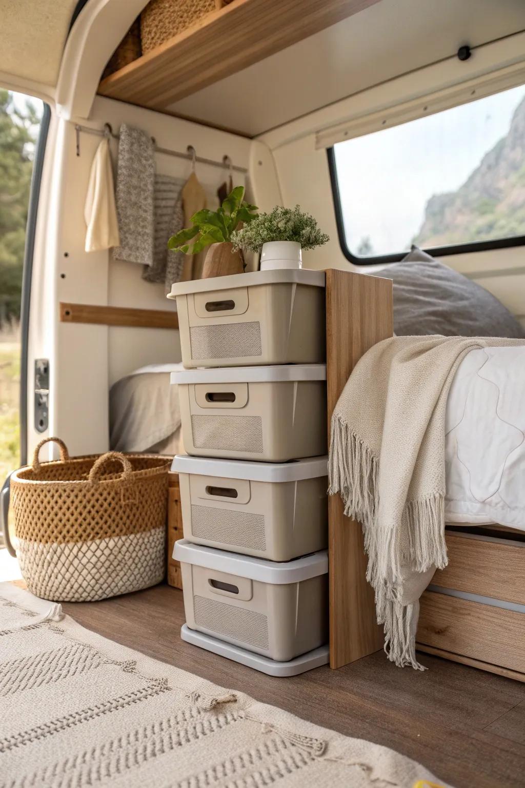 Maximize your camper's storage with sleek, stackable plastic drawers that blend style and functionality. #MinimalistLiving #CamperStorage