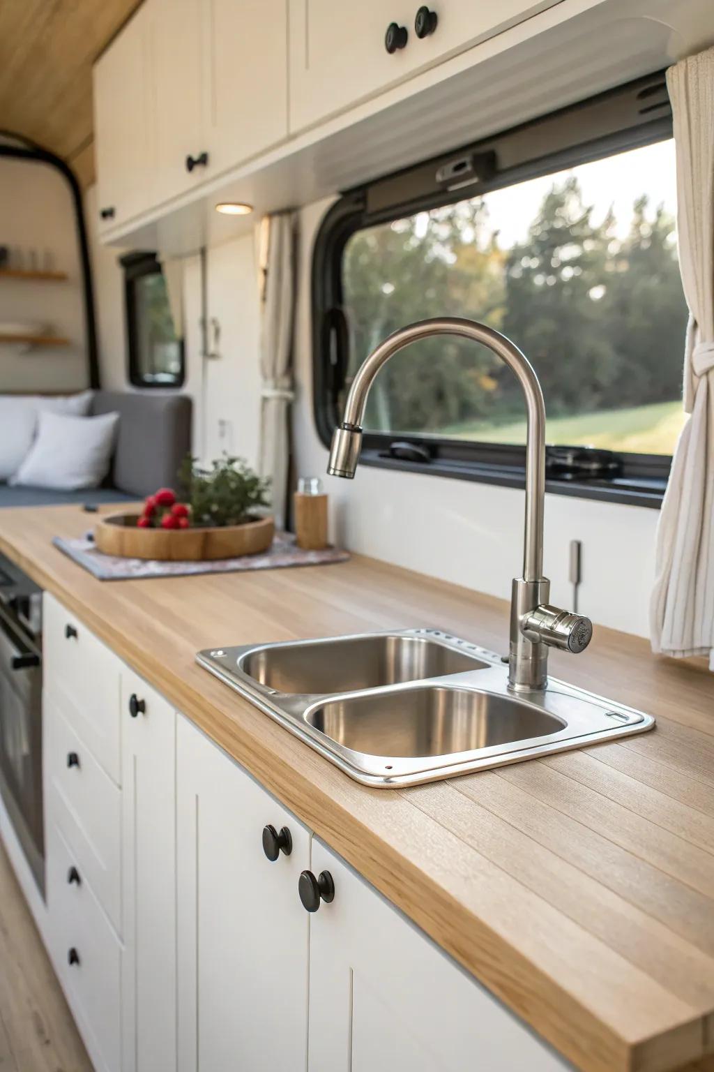 Maximize your campervan space with a fold-down faucet—where minimalism meets functionality.