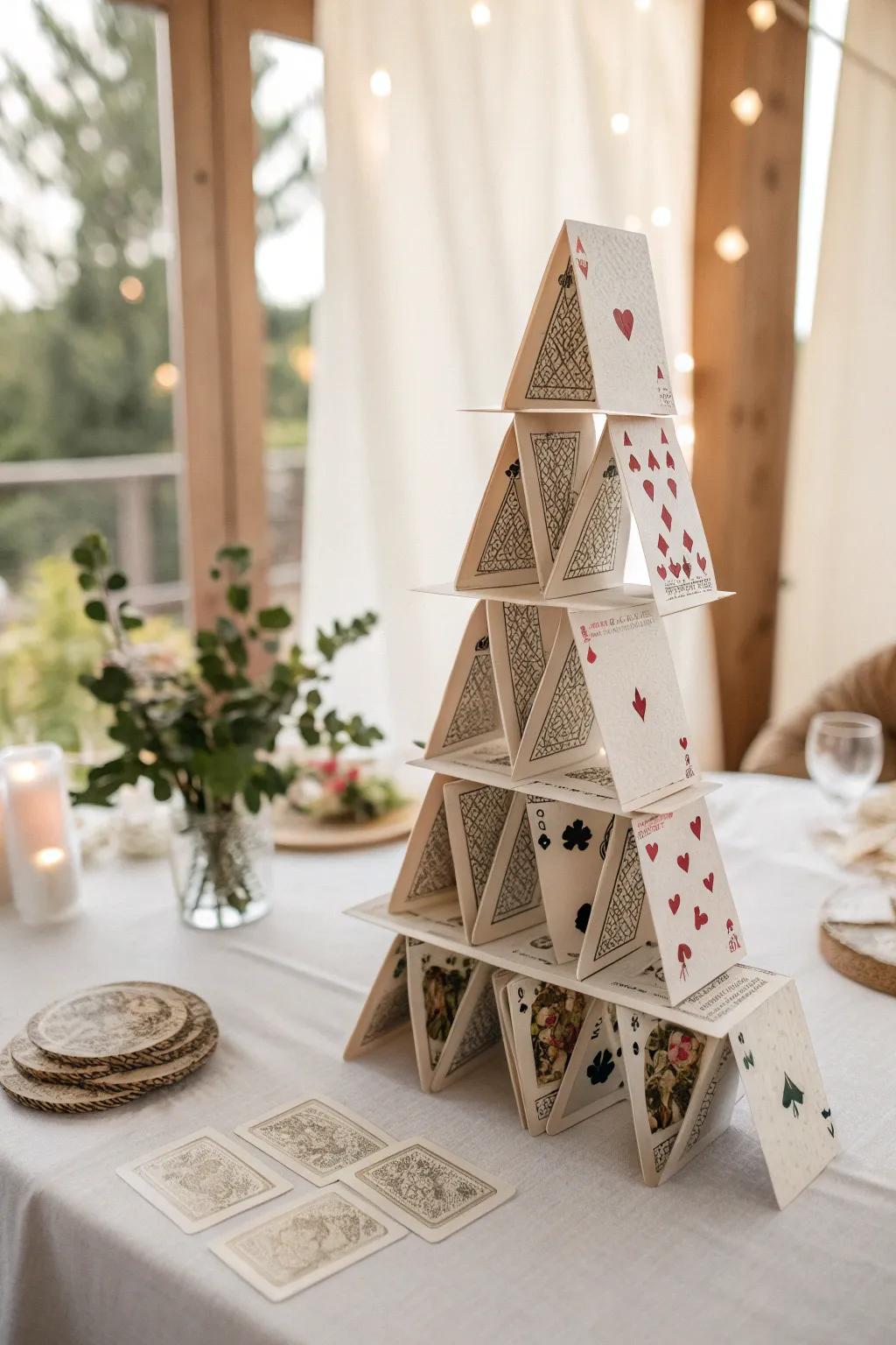 Elevate your card tower game with this tiered masterpiece, where simplicity meets elegance.