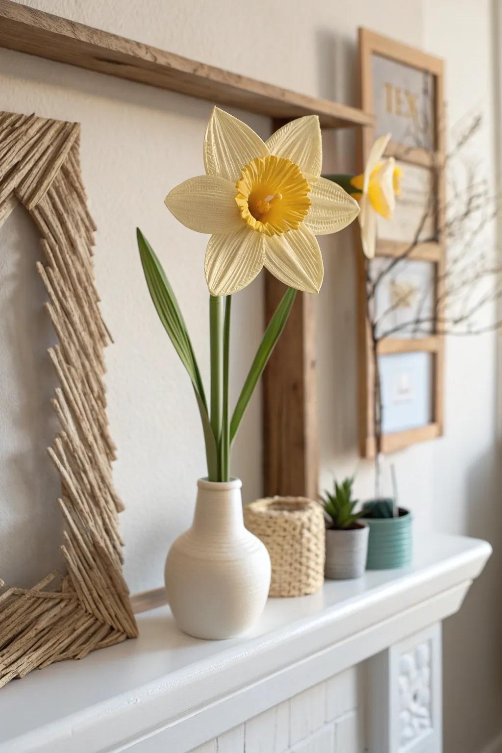 Embrace the arrival of spring with a charming 3D daffodil crafted from cardboard, bringing warmth and elegance to your minimalist space.