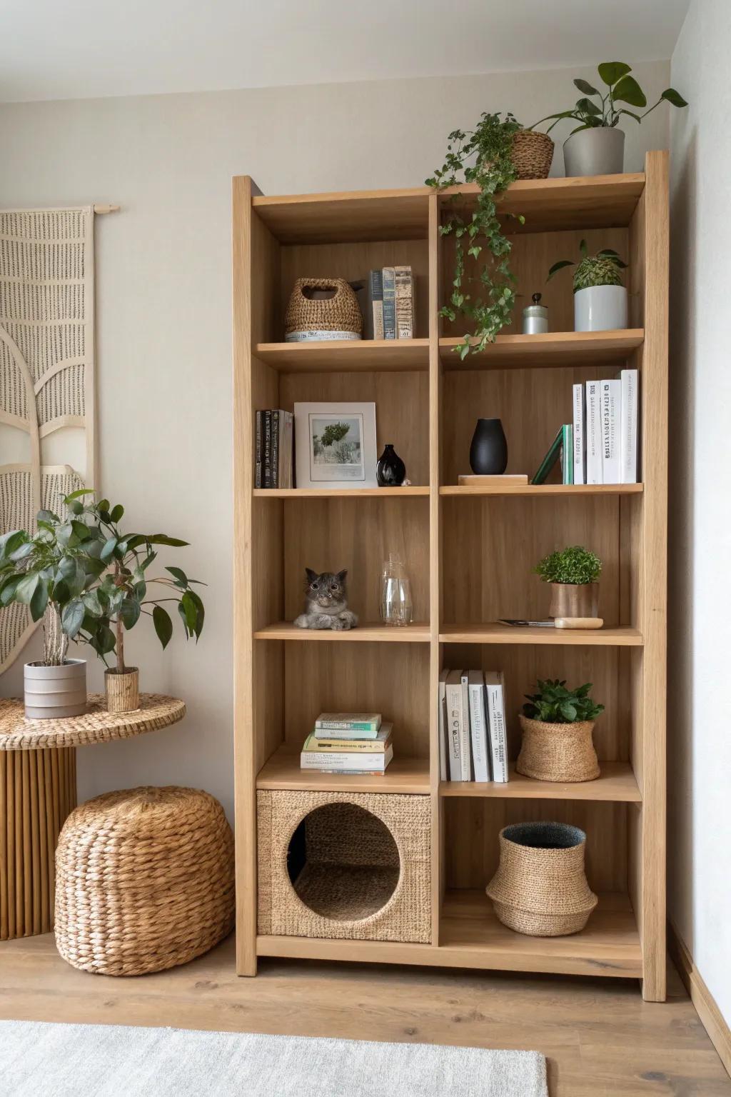 Elevate your space with a minimalist bookshelf that doubles as a chic cat condo, blending function and style in perfect harmony.