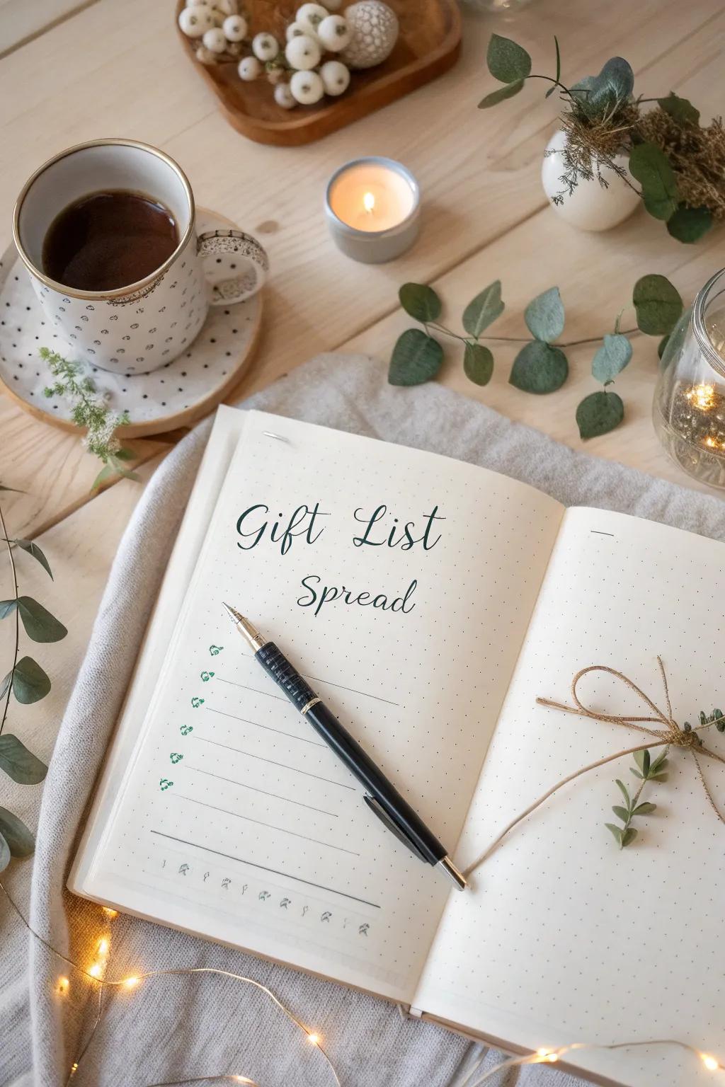 Organize your holiday season with a touch of elegance and simplicity. #GiftListSpread #BulletJournalIdeas