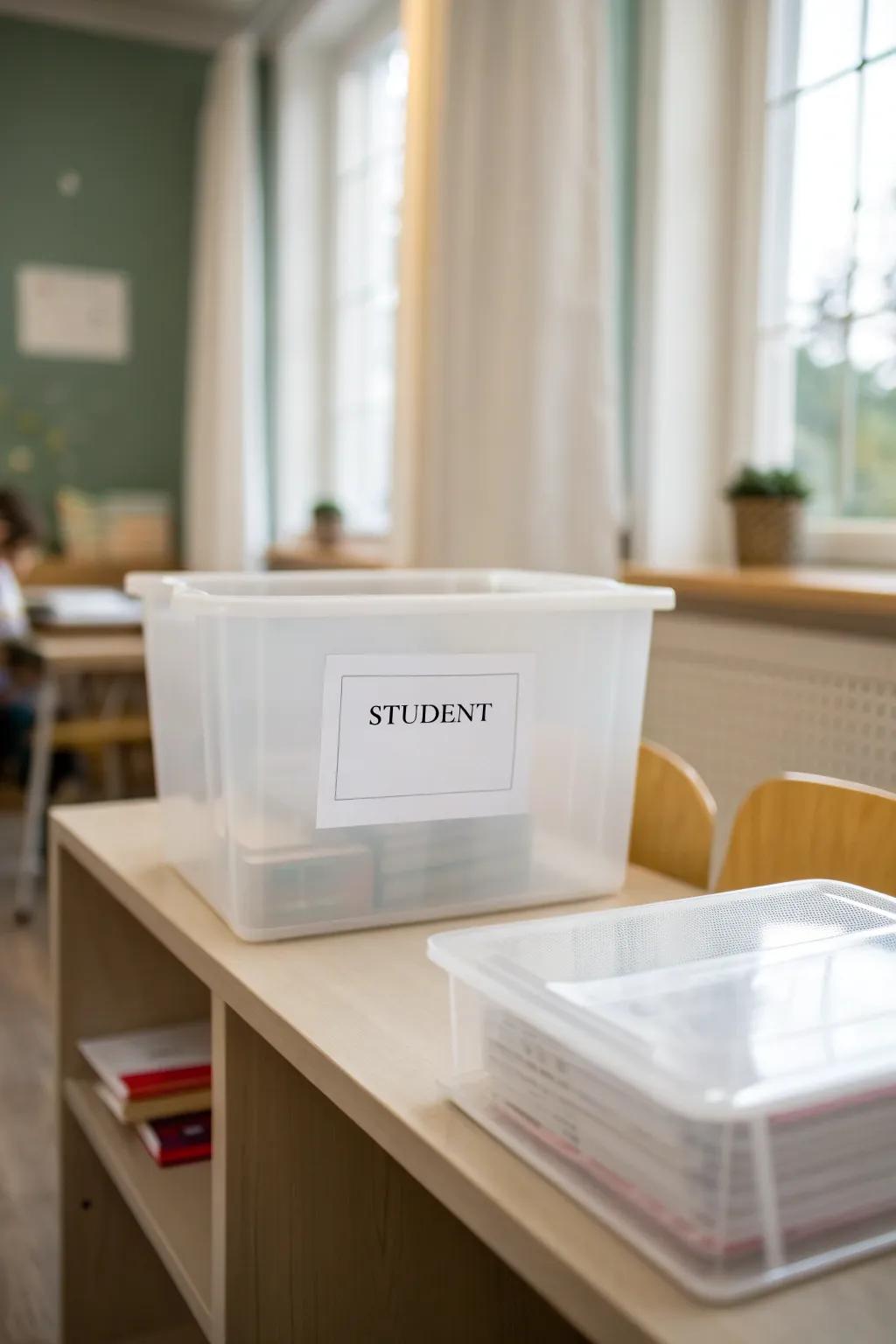 Effortlessly organized: labeled bins bring simplicity and style to your classroom.