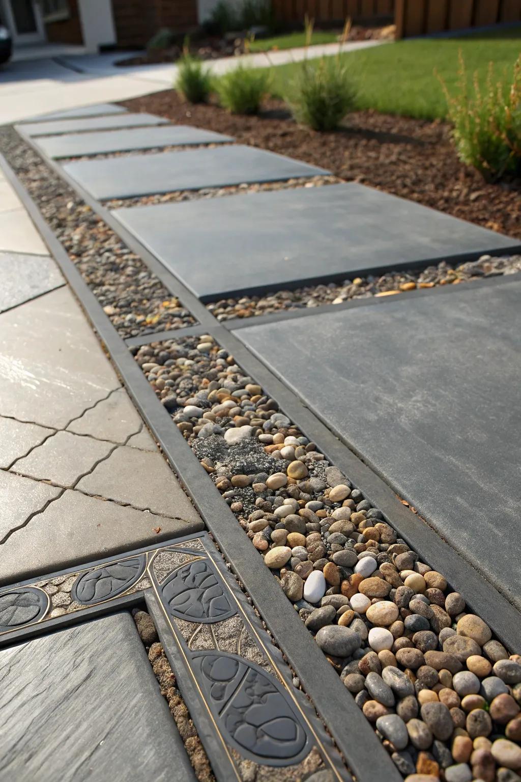 Elevate your home's entrance with a striking mix of concrete and decorative stones.