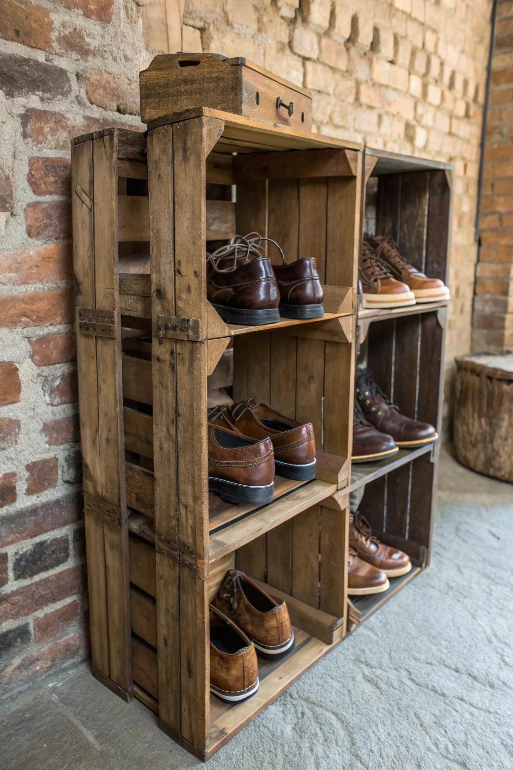 Elevate your entryway with a rustic shoe rack that marries style and functionality.