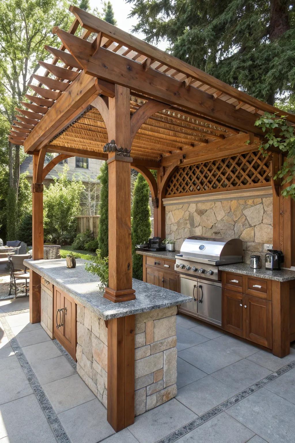Elevate your outdoor cooking experience with this stunning pergola-covered grill setup, where craftsmanship meets style.