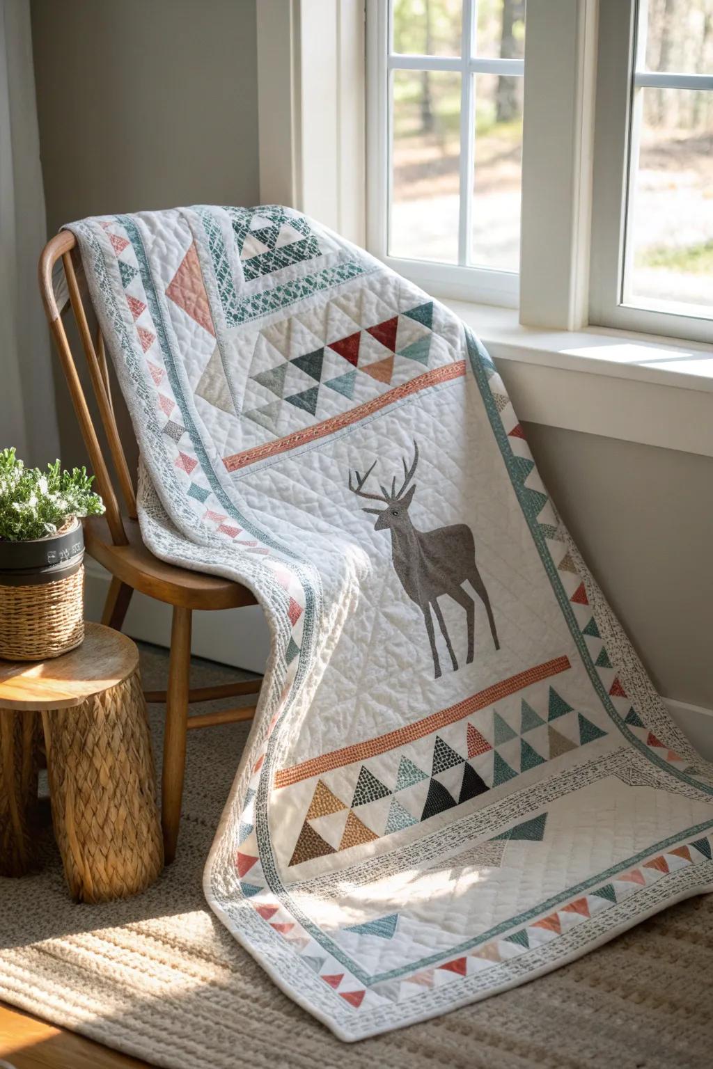 Embrace the charm of modern artistry with geometric borders around a deer panel—where simplicity meets creativity.