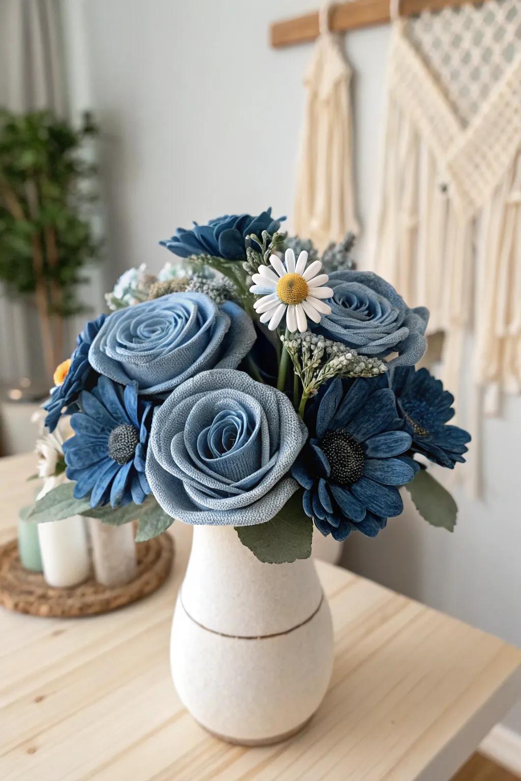 Everlasting beauty: Denim blossoms that never fade, perfect for your minimalist-boho home decor.