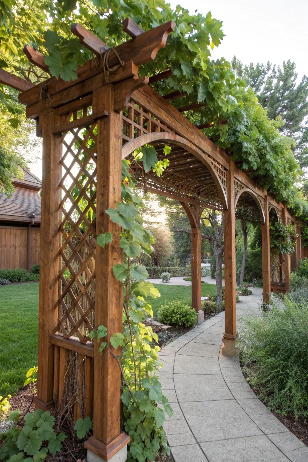 Transform your backyard into a tranquil oasis with a handcrafted trellis adorned with flourishing vines.