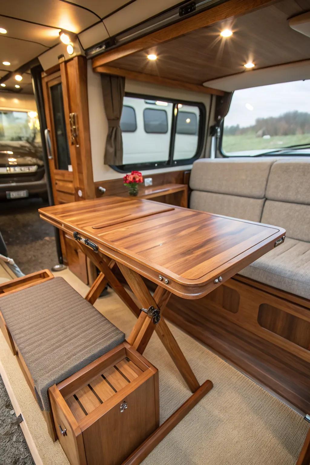 Transform your camper with this expertly crafted foldable table, perfect for dining and working on the go.