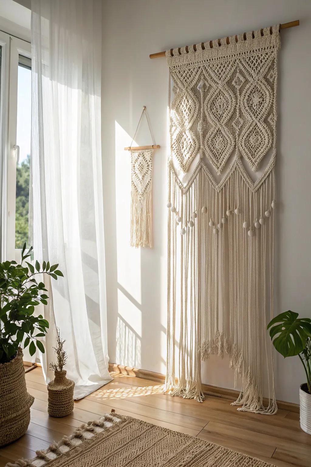 Elevate your space with the delicate charm of a DIY macramé curtain, where bohemian elegance meets minimalist simplicity.