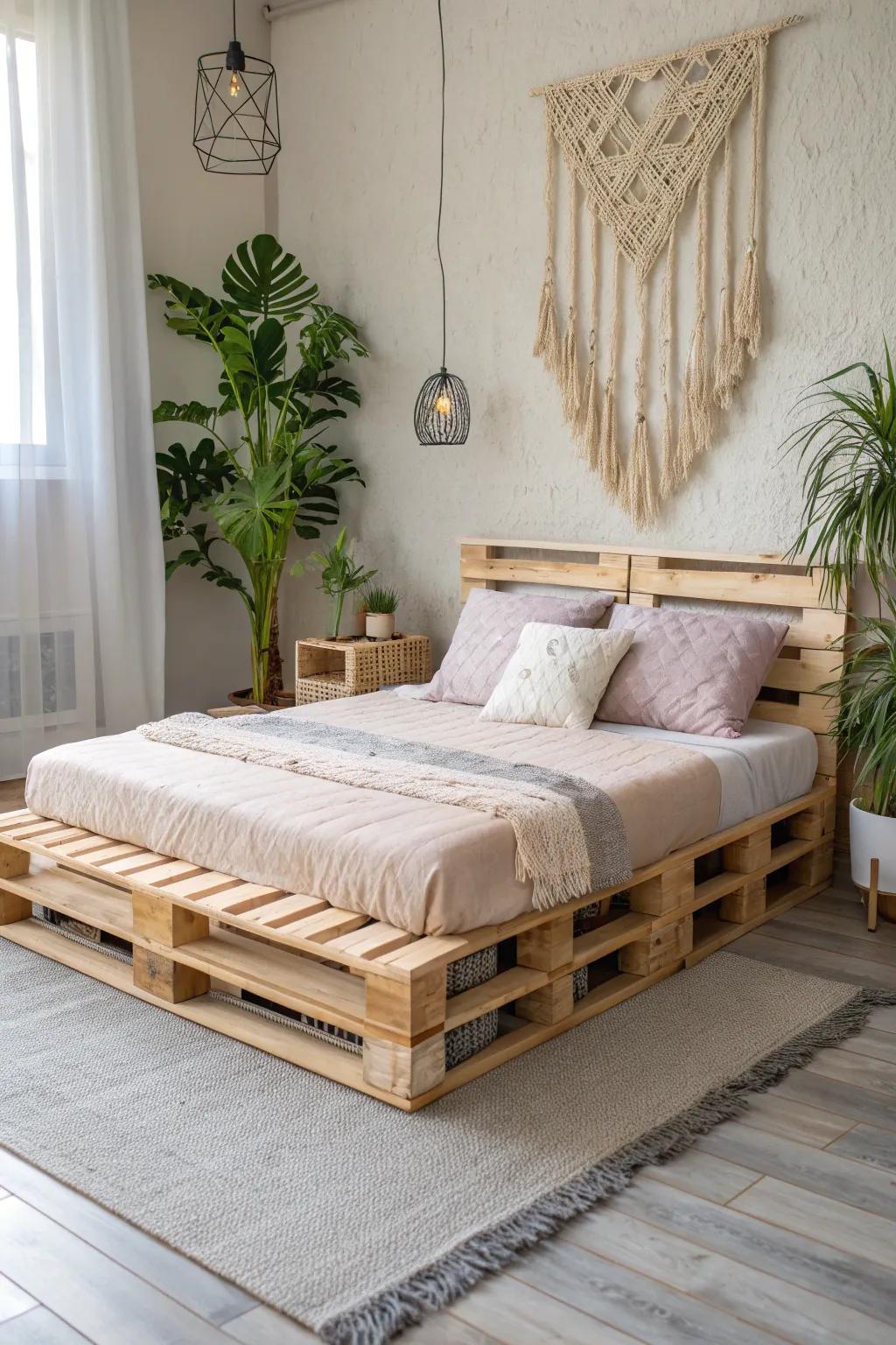 Transform your space with this chic and budget-friendly pallet bed frame, a perfect blend of minimalism and bohemian style.