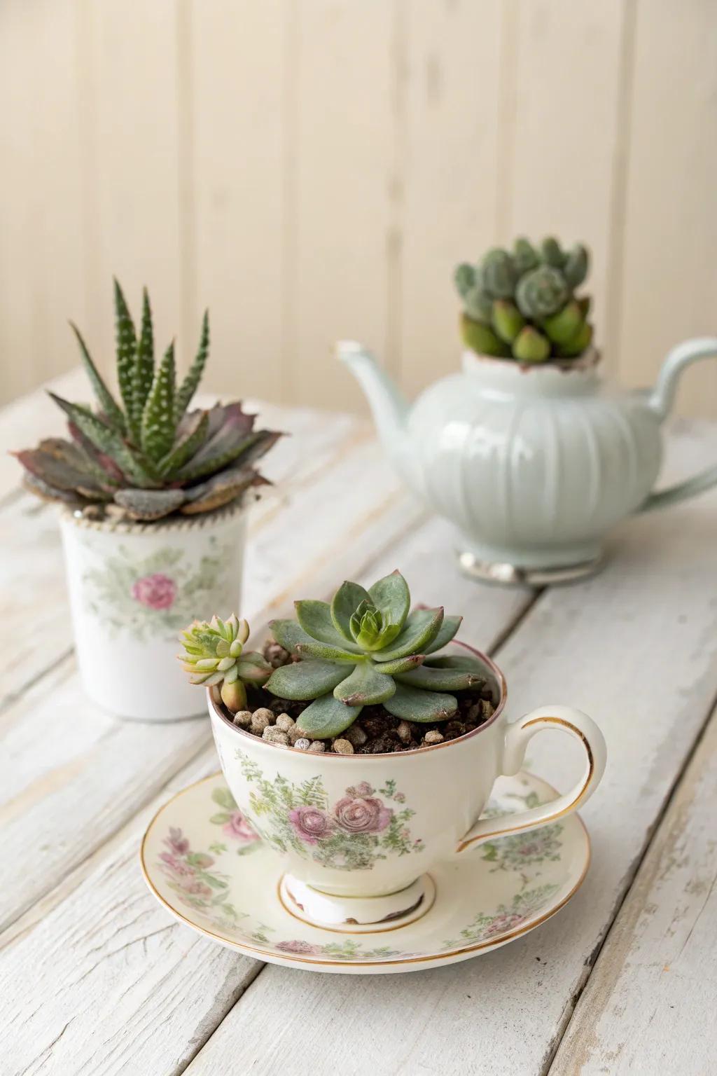 Transform your old teacups and kettles into charming planters for a quaint and sustainable garden touch.