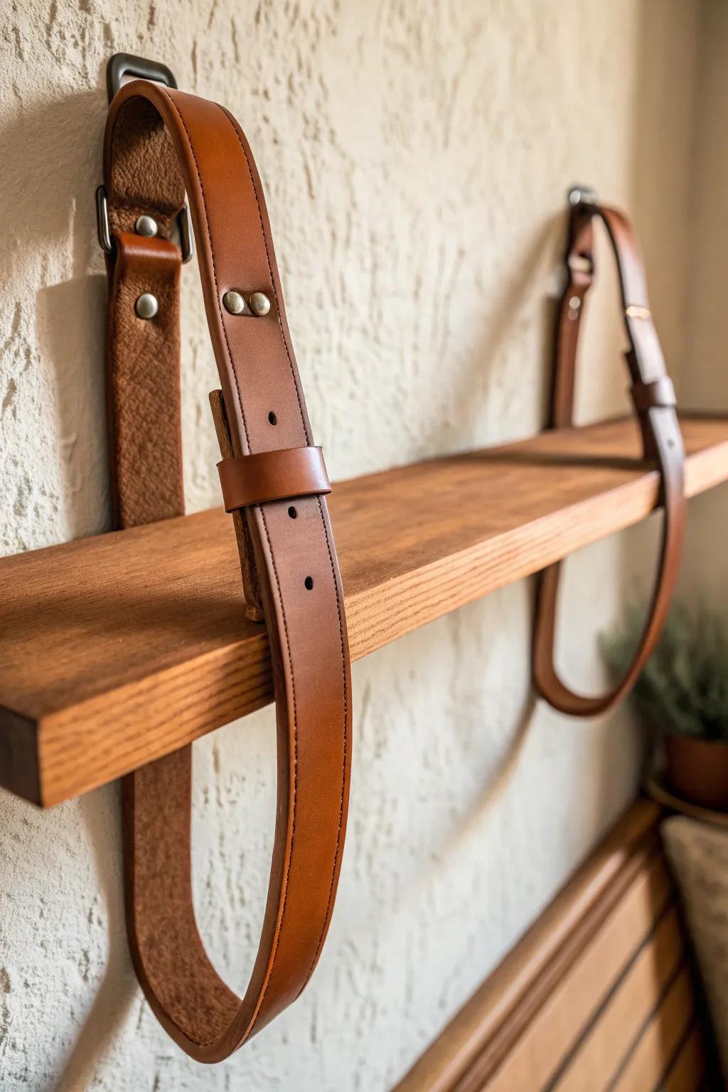 Elevate your space with the timeless elegance of leather strap brackets.
