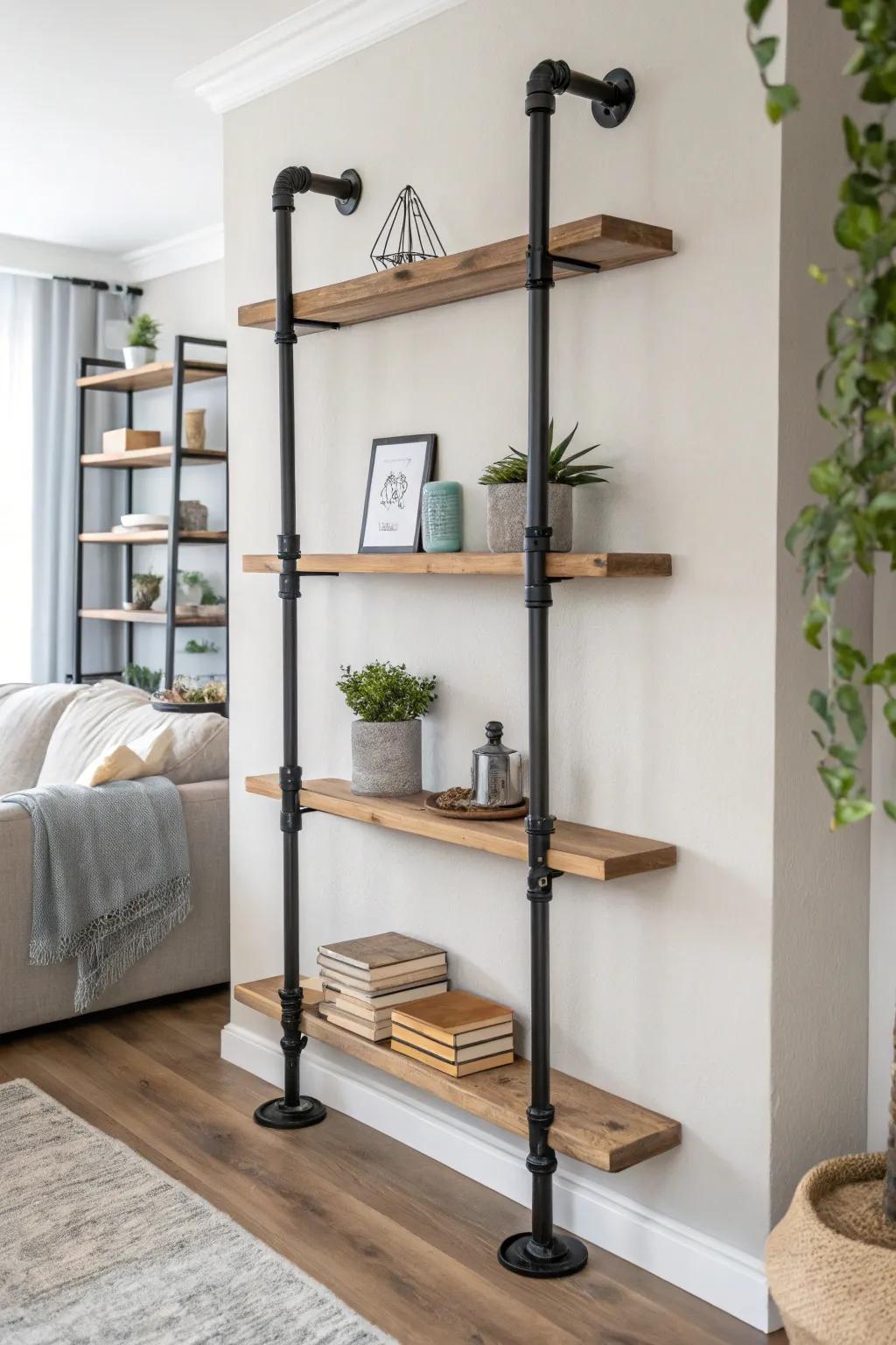 Elevate your space with chic industrial pipe shelving that marries modern elegance with rustic charm.