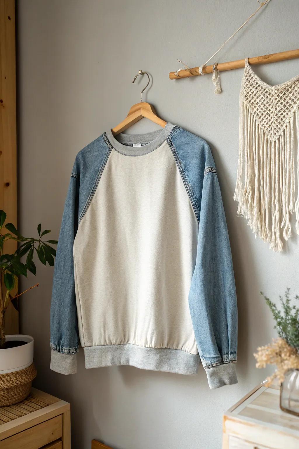 Transform your sweatshirt into a chic statement piece with denim sleeves – a perfect blend of comfort and style!