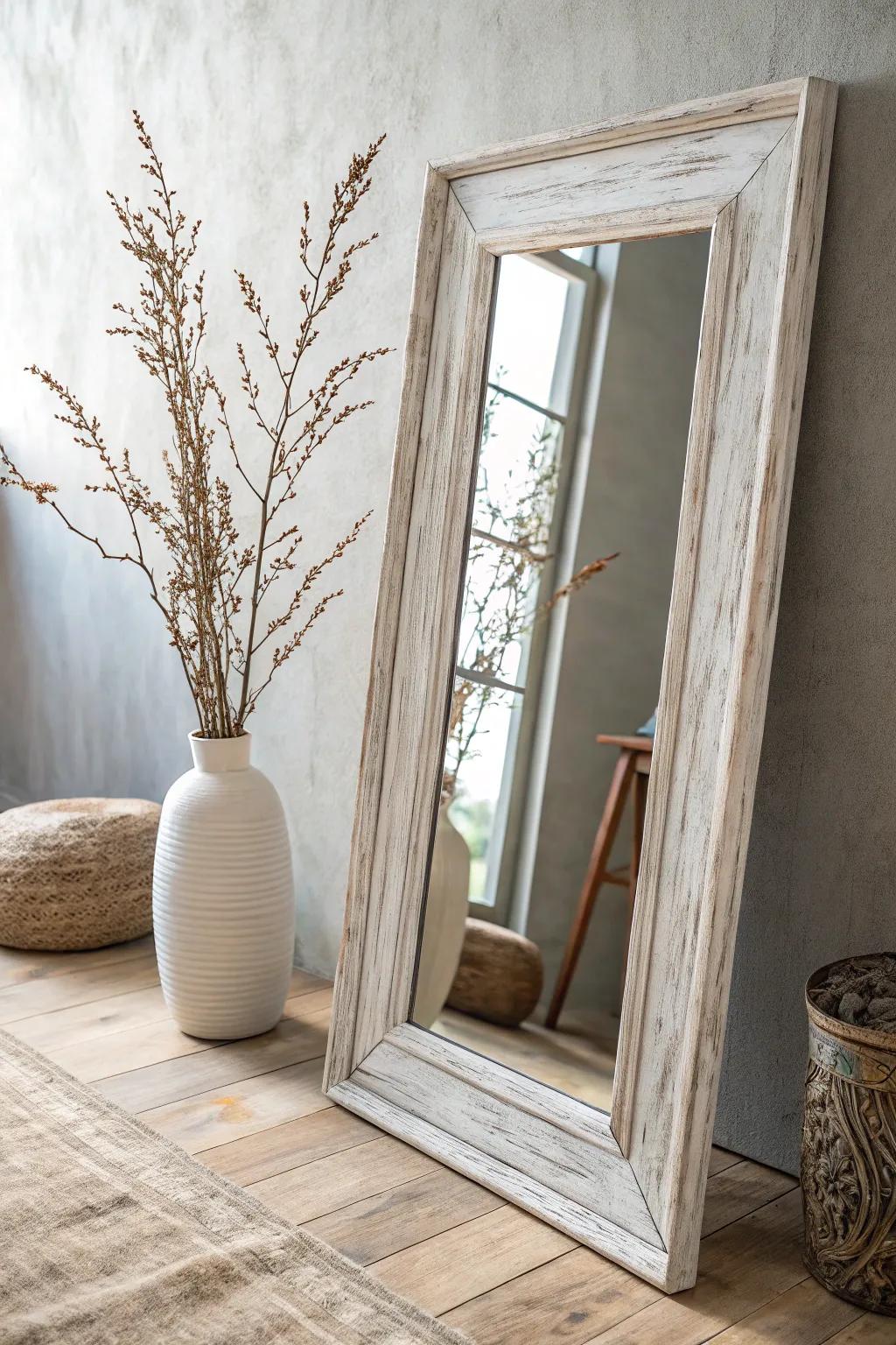 Embrace the cozy elegance of Scandinavian minimalism with a touch of farmhouse charm - your perfect DIY mirror frame inspiration.