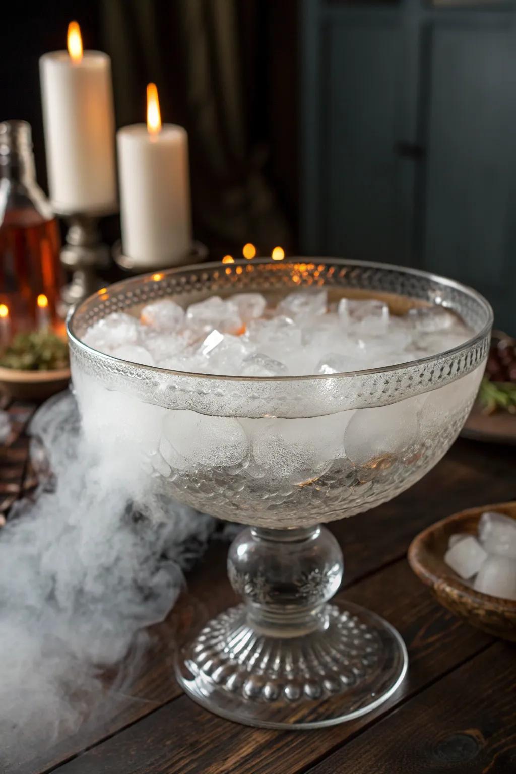 Transform your Halloween table into a foggy masterpiece with this enchanting dry ice centerpiece.