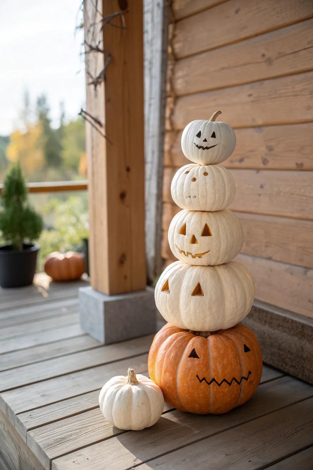 Elevate your porch decor with these charming stacked pumpkin towers, blending minimalist style with a touch of Boho elegance.
