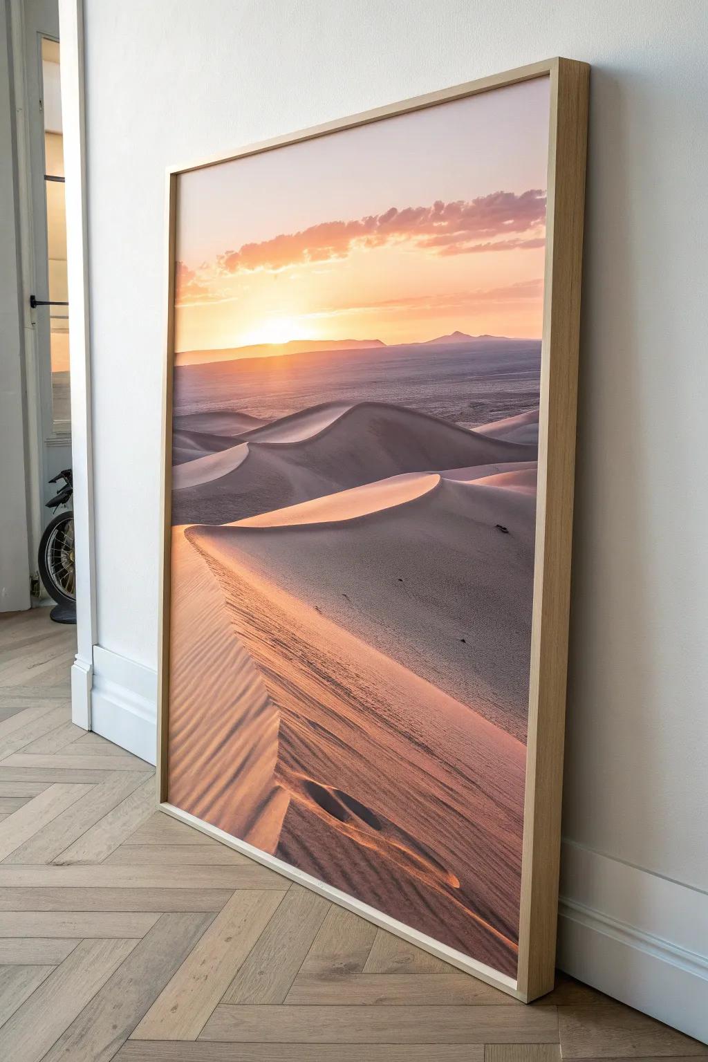 Embrace the serene beauty of desert dunes at dusk with this minimalist masterpiece.
