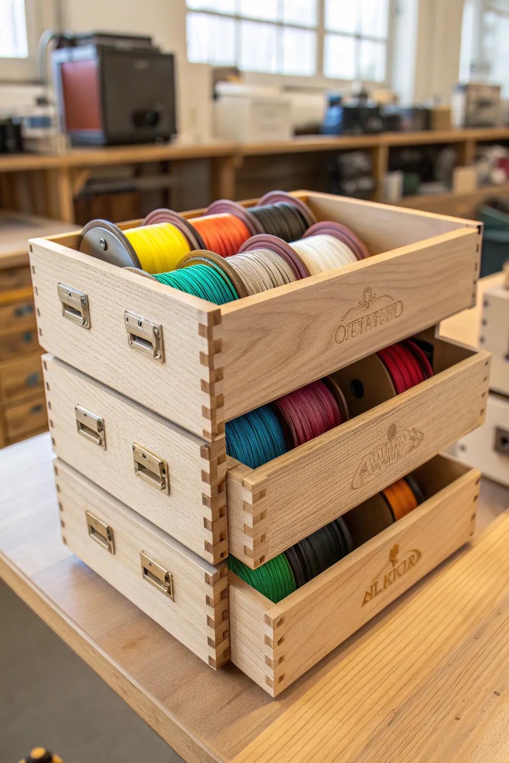 Master the art of organization with these elegant, stackable filament storage bins.