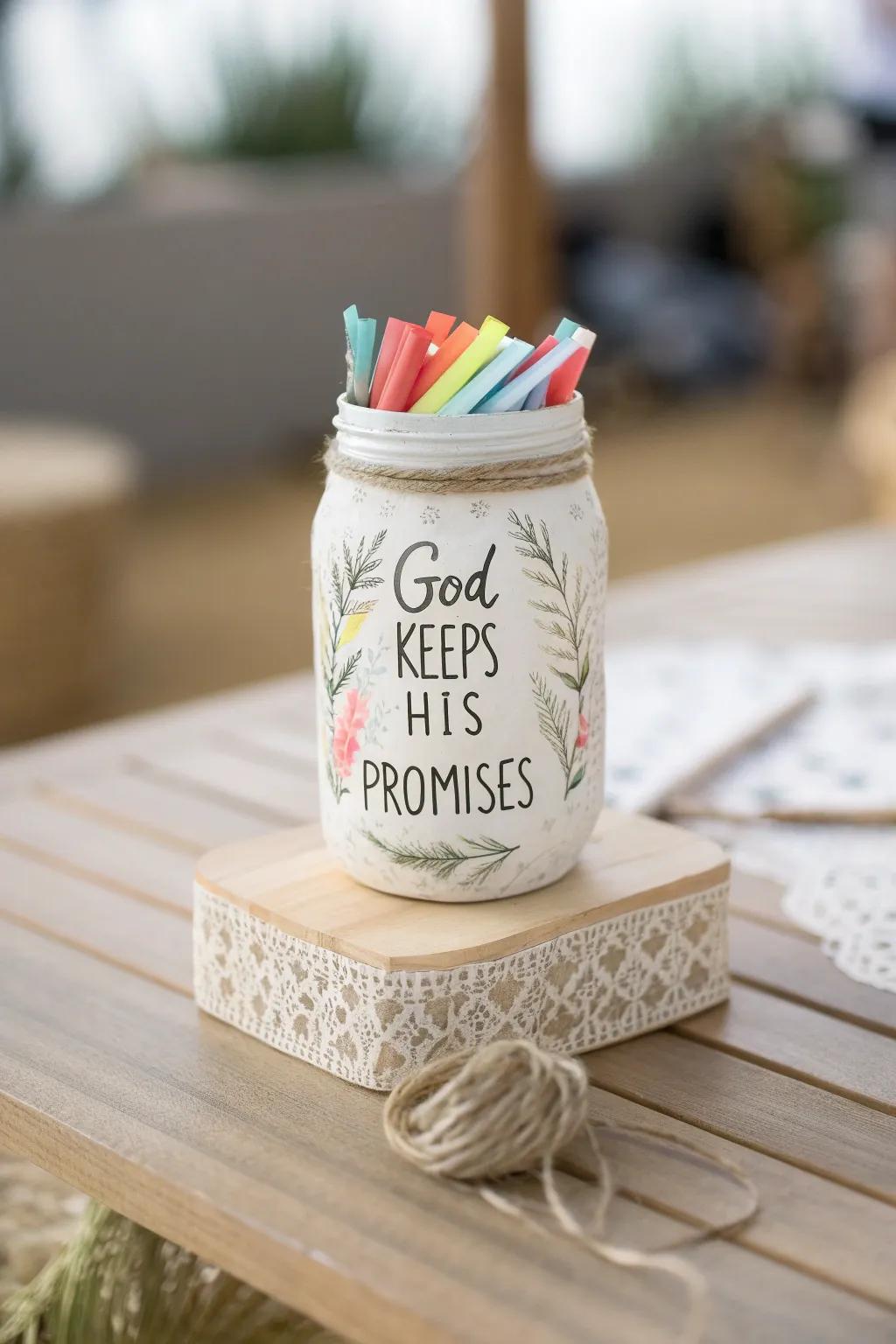 Discover serenity and faith in the simplicity of a Promise Jar, beautifully crafted to remind you of God's unwavering commitments.