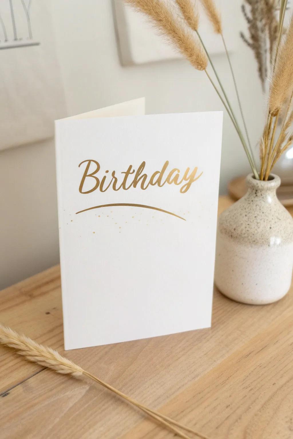 Celebrate in style with this elegantly scripted golden birthday card, perfect for those who appreciate minimalist beauty and fine craftsmanship.