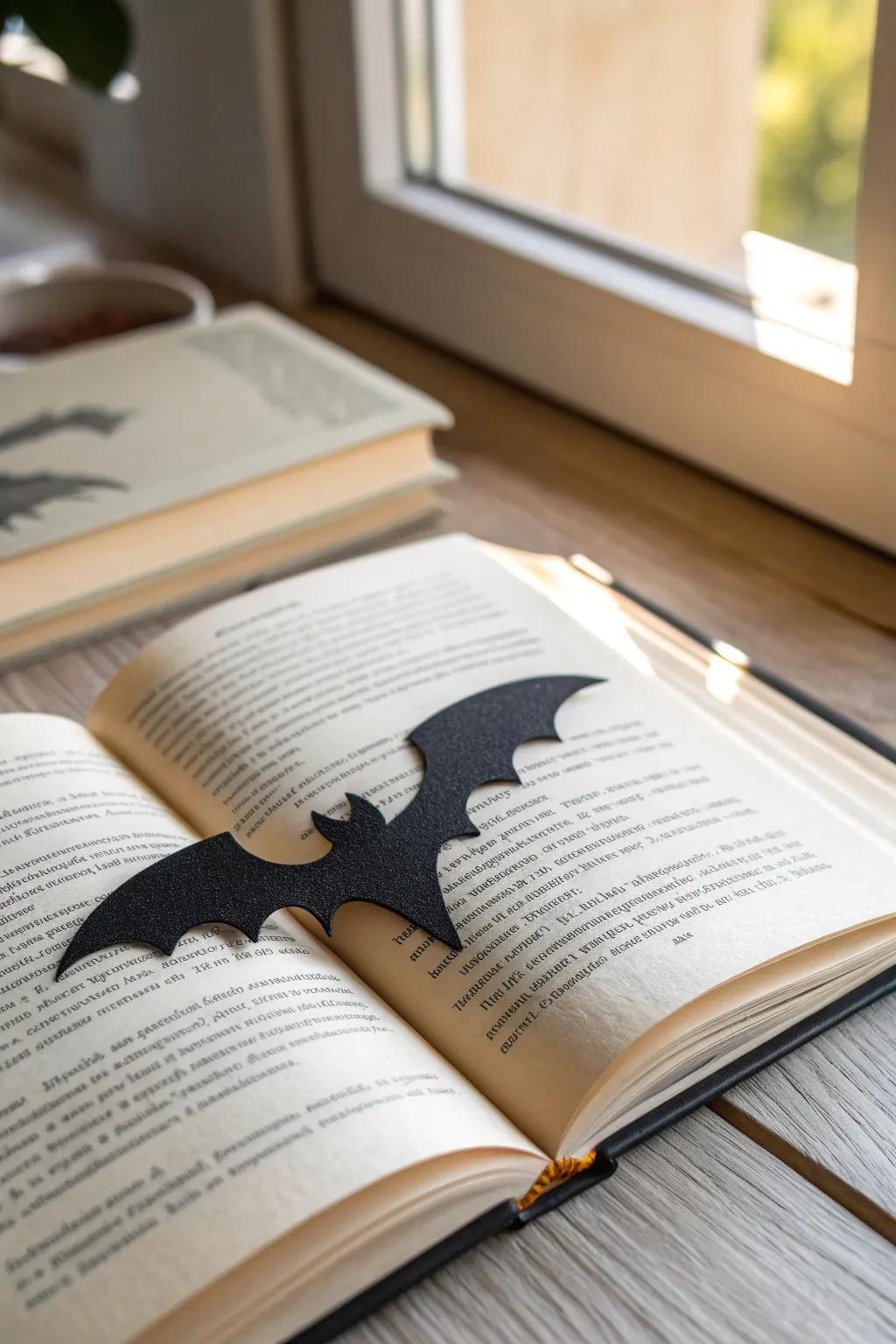 Elevate your reading experience with this charming bat silhouette bookmark, perfect for adding a touch of Halloween magic to your pages.