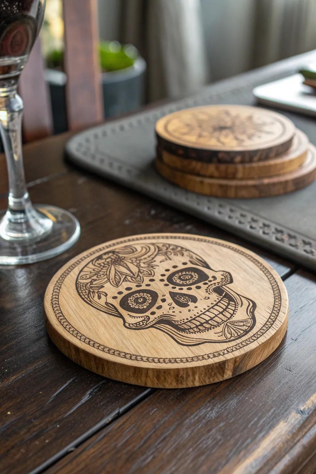 Elevate your Halloween decor with exquisitely crafted skull coasters that intrigue and impress.